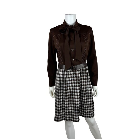 Vintage 70s Secretary Dress Womens L Brown Long Sleeve Ascot Necktie Plaid Skirt - Picture 2 of 11